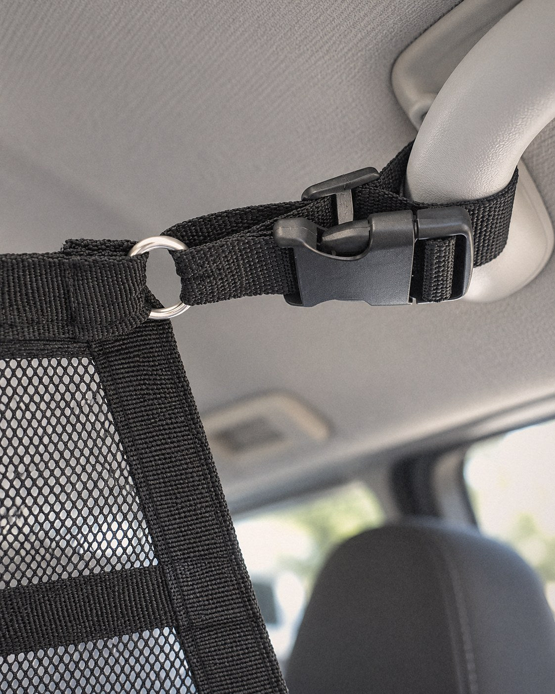 Cargo net strap and buckle looped round a roof grab handle